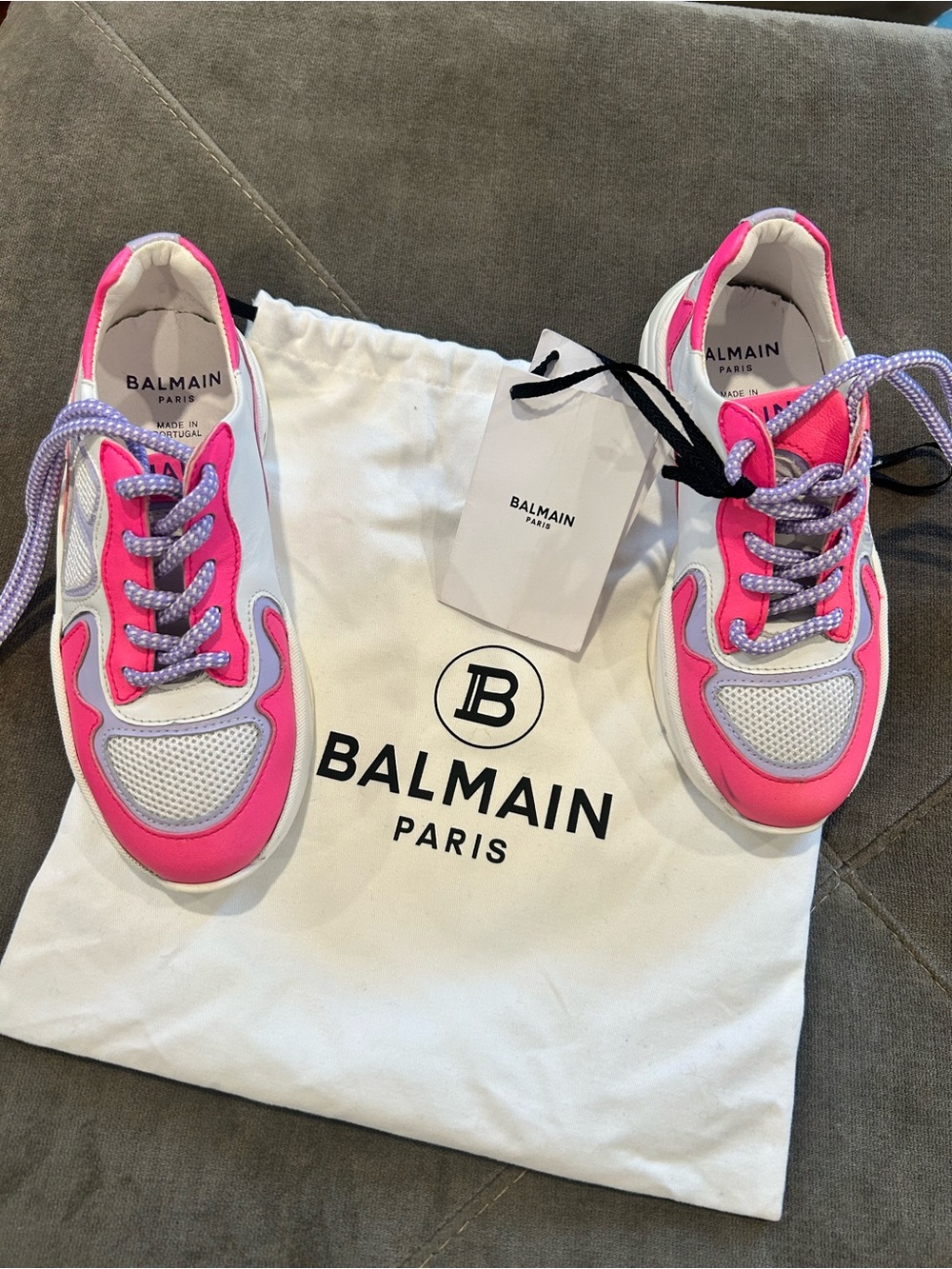 Balmain Paris Girls Pink and White Runner Sneakers New Size 31